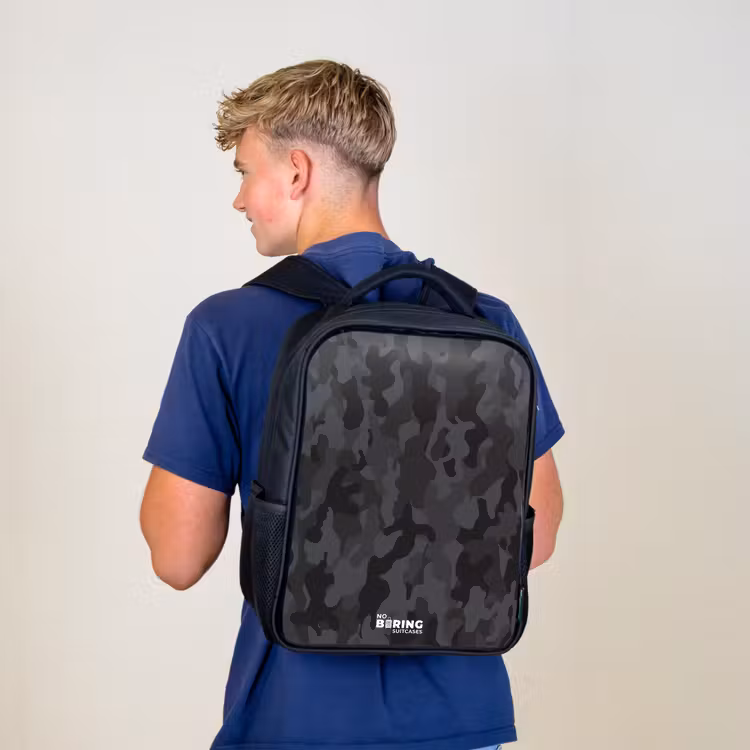 Kids backpack - Black - Green camouflage print — 5