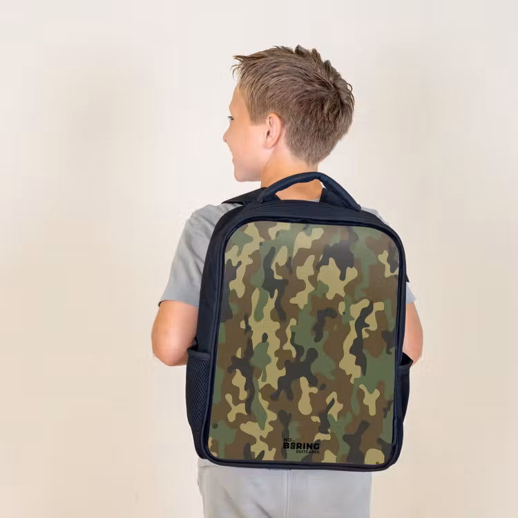 Kids backpack - Black - Green camouflage with sand color — 2