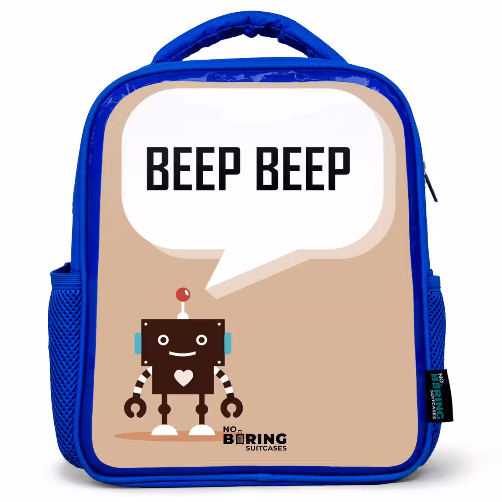 Kids backpack - Blue - Dark brown robot with a text — 1