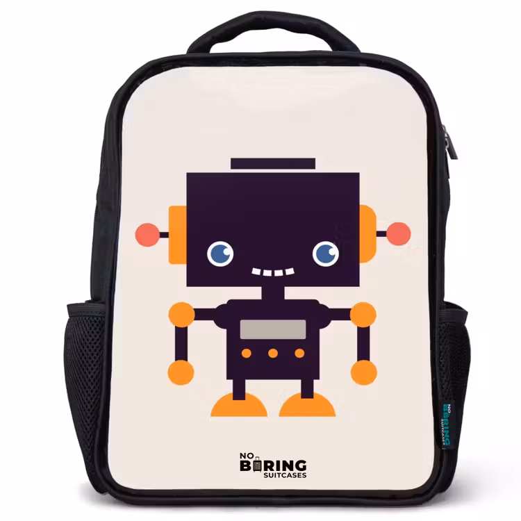 Kids backpack - Black - Black robot with orange accents — 1