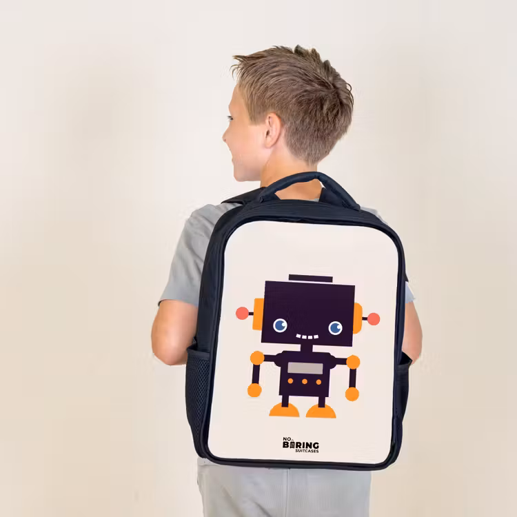 Kids backpack - Black - Black robot with orange accents — 2
