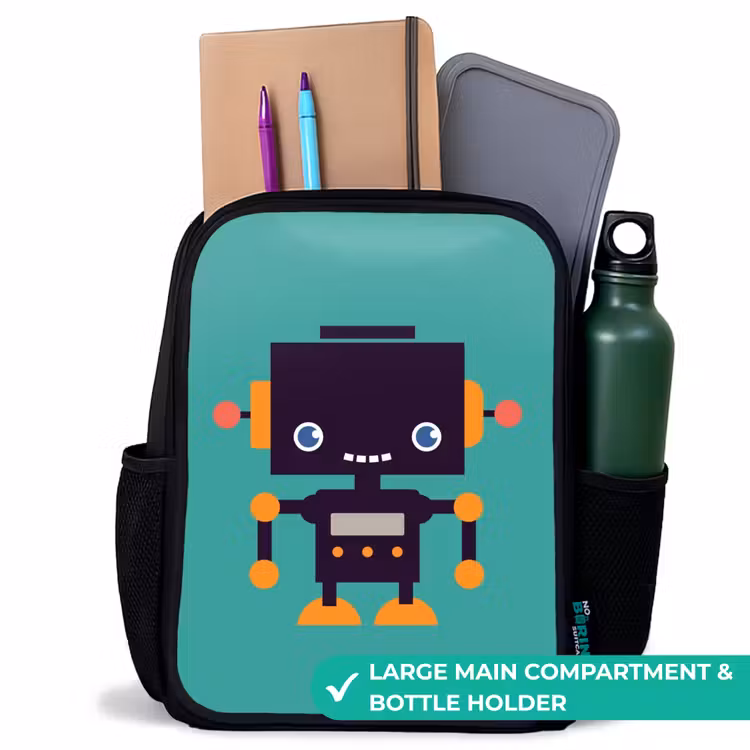 Kids backpack - Black - Black robot with orange accents on a blue background — 10