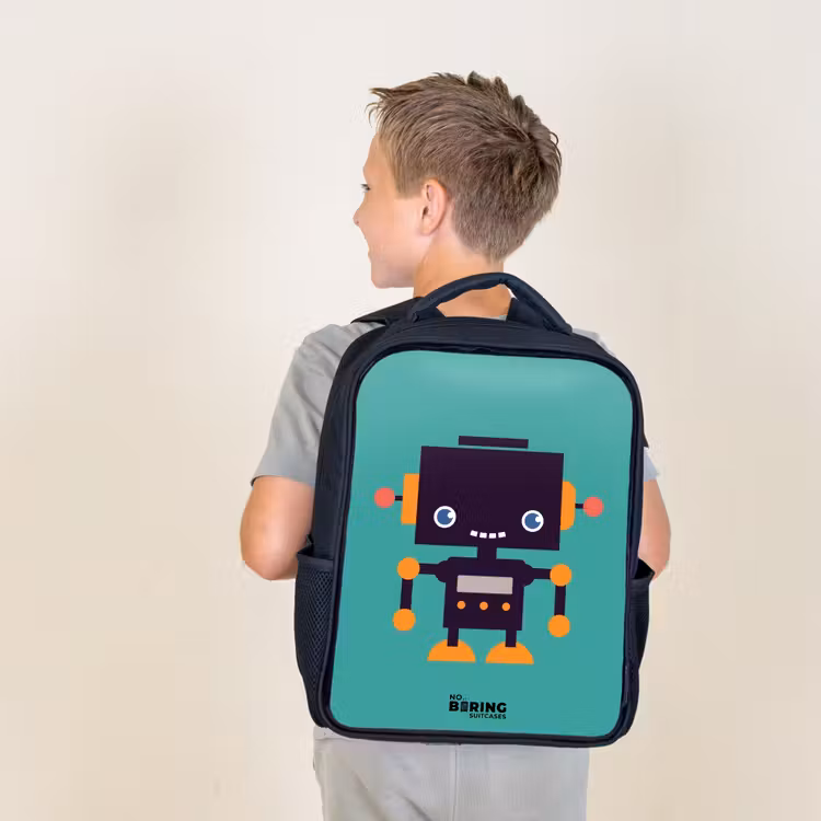 Kids backpack - Black - Black robot with orange accents on a blue background — 2