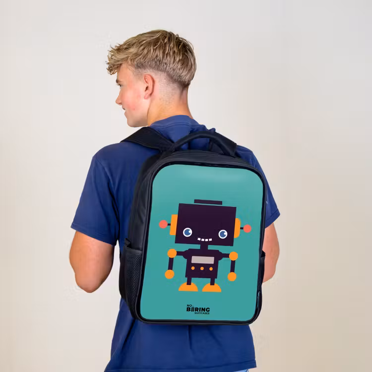 Kids backpack - Black - Black robot with orange accents on a blue background — 5