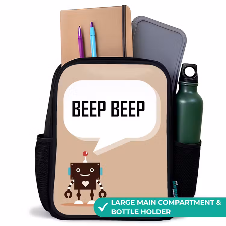 Kids backpack - Black - Dark brown robot with a text — 10