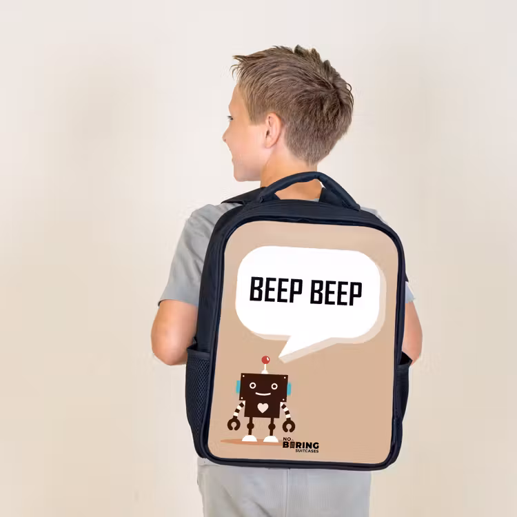 Kids backpack - Black - Dark brown robot with a text — 2