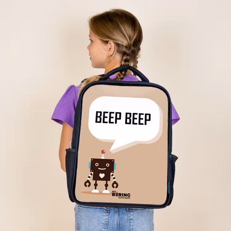 Kids backpack - Black - Dark brown robot with a text — 4