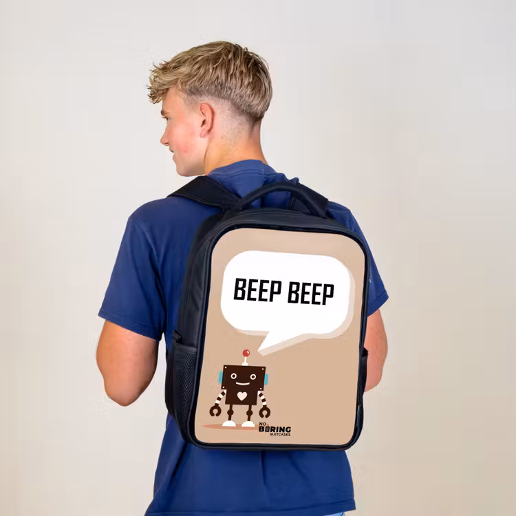 Kids backpack - Black - Dark brown robot with a text — 5