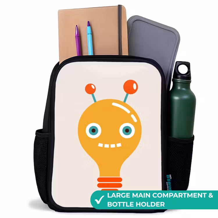 Kids backpack - Black - Light bulb robot with big eyes — 10