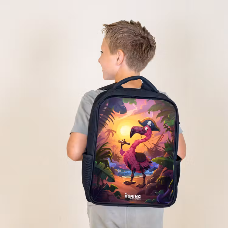 Kids backpack - Black - Pirate flamingo on a tropical pad — 2