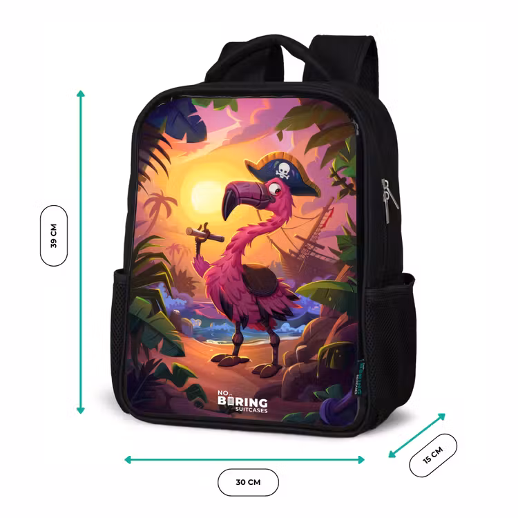 Kids backpack - Black - Pirate flamingo on a tropical pad — 8