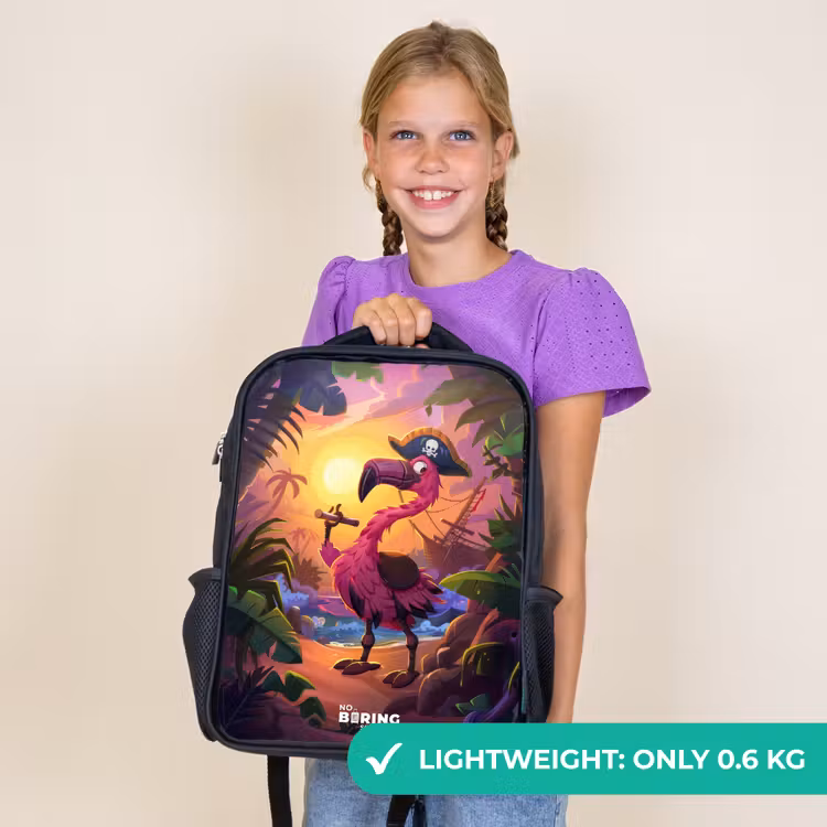 Kids backpack - Black - Pirate flamingo on a tropical pad — 9