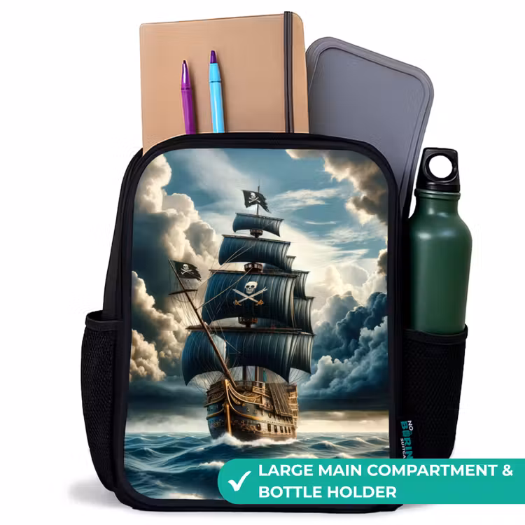Kids backpack - Black - Pirate ship on a raging sea — 10