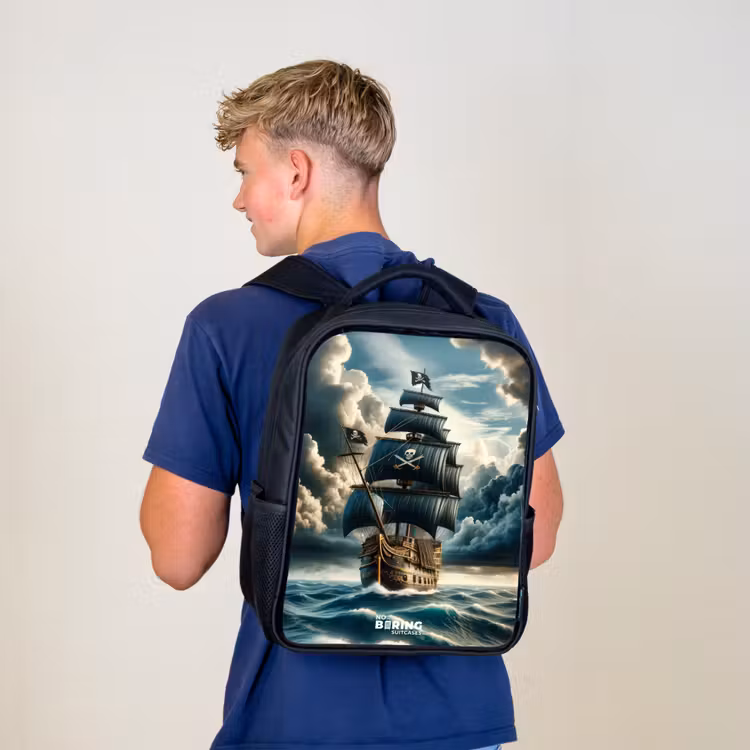 Kids backpack - Black - Pirate ship on a raging sea — 5