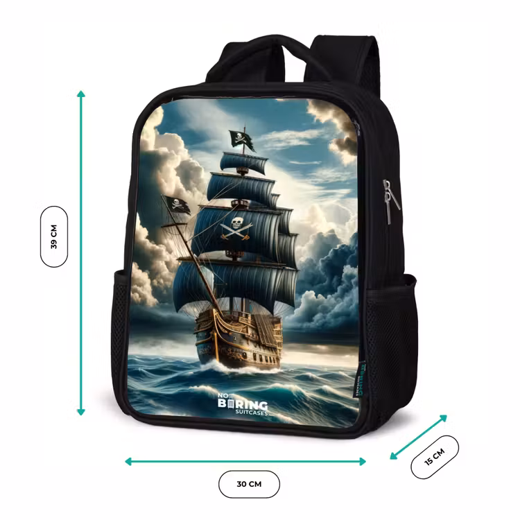 Kids backpack - Black - Pirate ship on a raging sea — 8