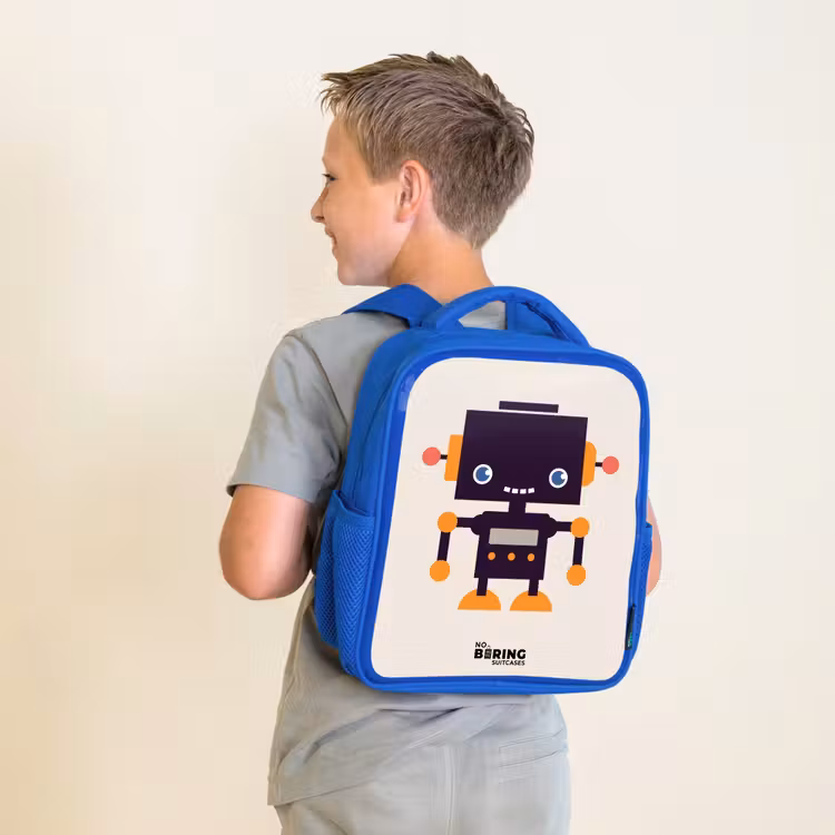 Kids backpack - Blue - Black robot with orange accents — 2