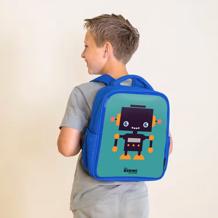 Kids backpack - Blue - Black robot with orange accents on a blue background — 2
