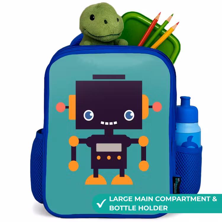 Kids backpack - Blue - Black robot with orange accents on a blue background — 5