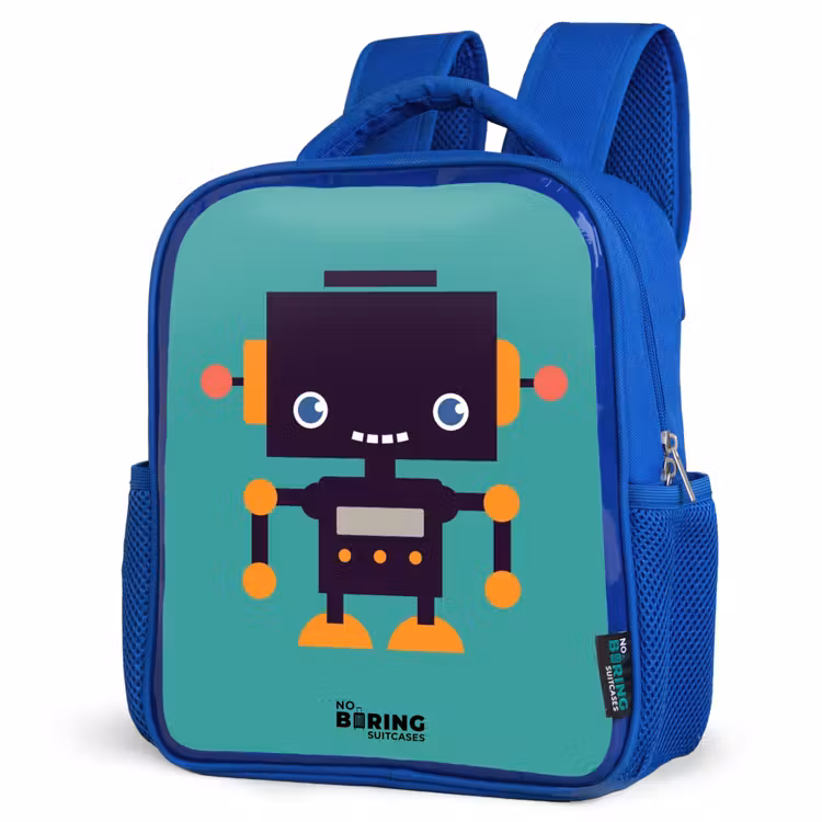 Kids backpack - Blue - Black robot with orange accents on a blue background — 7