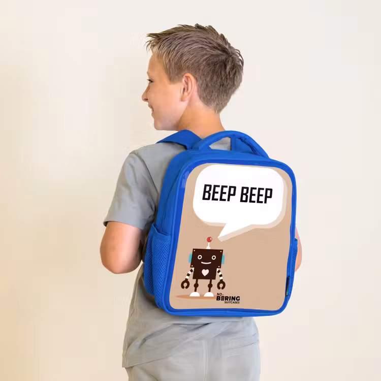 Kids backpack - Blue - Dark brown robot with a text — 2