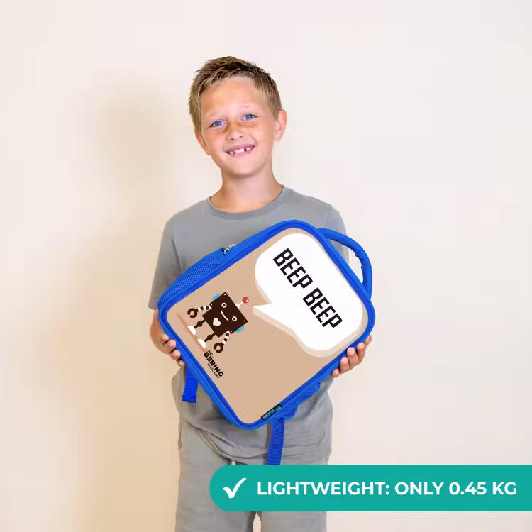 Kids backpack - Blue - Dark brown robot with a text — 3