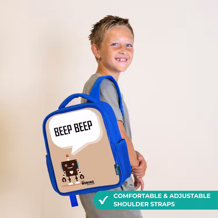 Kids backpack - Blue - Dark brown robot with a text — 4