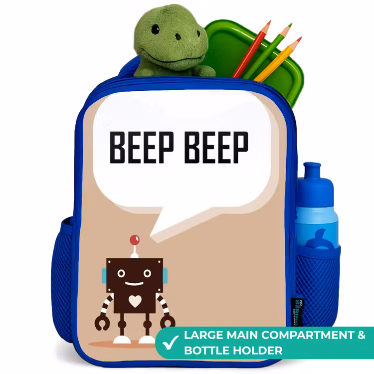 Kids backpack - Blue - Dark brown robot with a text — 5