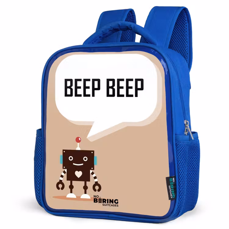 Kids backpack - Blue - Dark brown robot with a text — 7