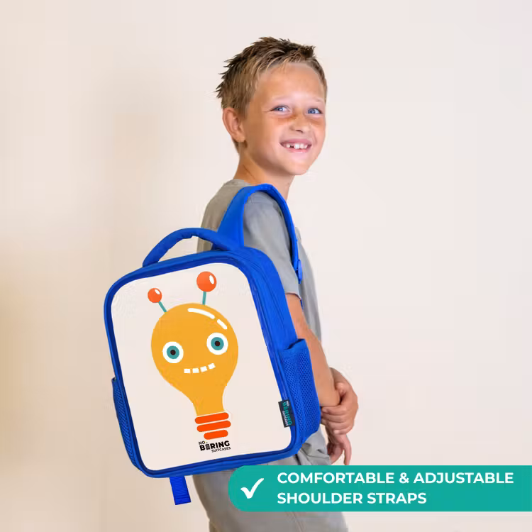 Kids backpack - Blue - Light bulb robot with big eyes — 4