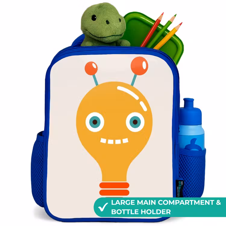 Kids backpack - Blue - Light bulb robot with big eyes — 5