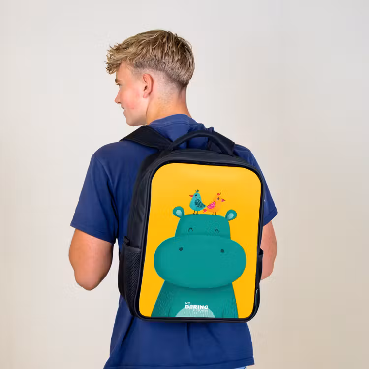 Kids backpack - Black - Hippo - Birds - Yellow — 5
