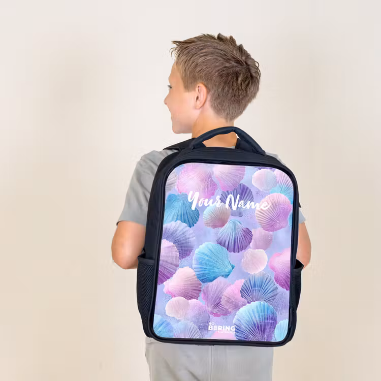 Kids backpack - Black - Colored shells on a purple background — 2
