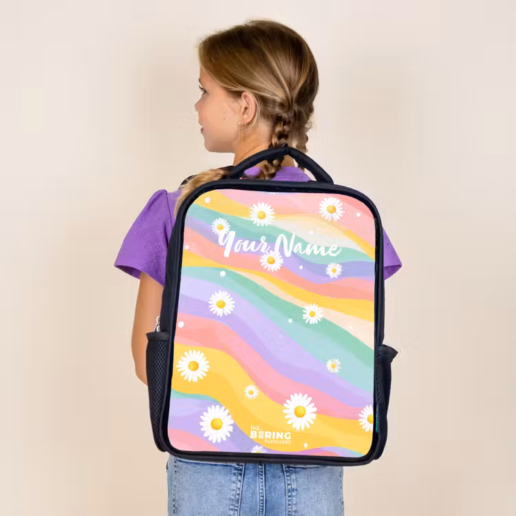 Kids backpack - Black - Daisies on rainbow background — 4