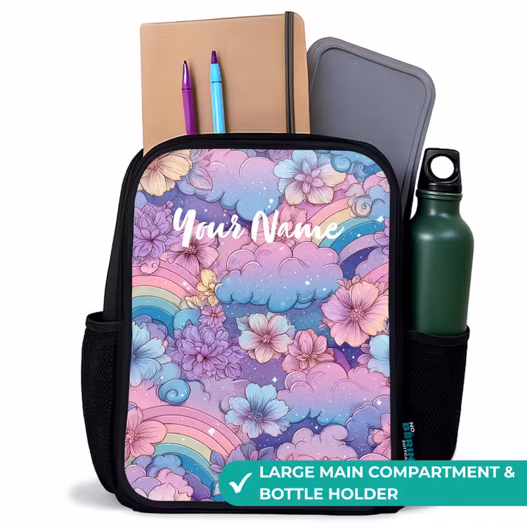 Kids backpack - Black - Illustration of clouds, rainbows and flowers — 10