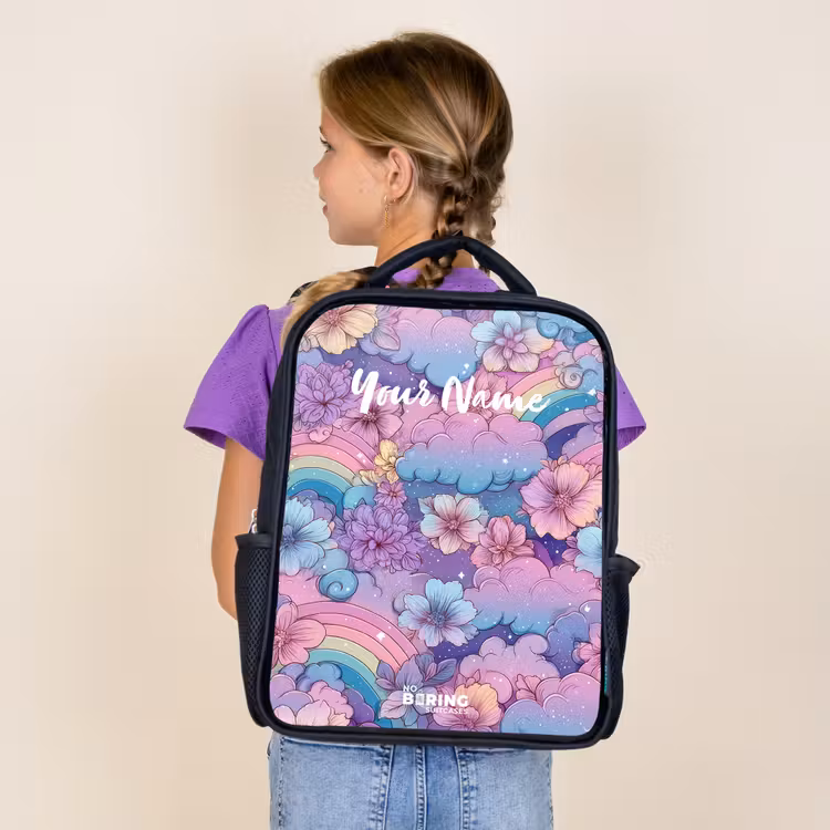 Kids backpack - Black - Illustration of clouds, rainbows and flowers — 4