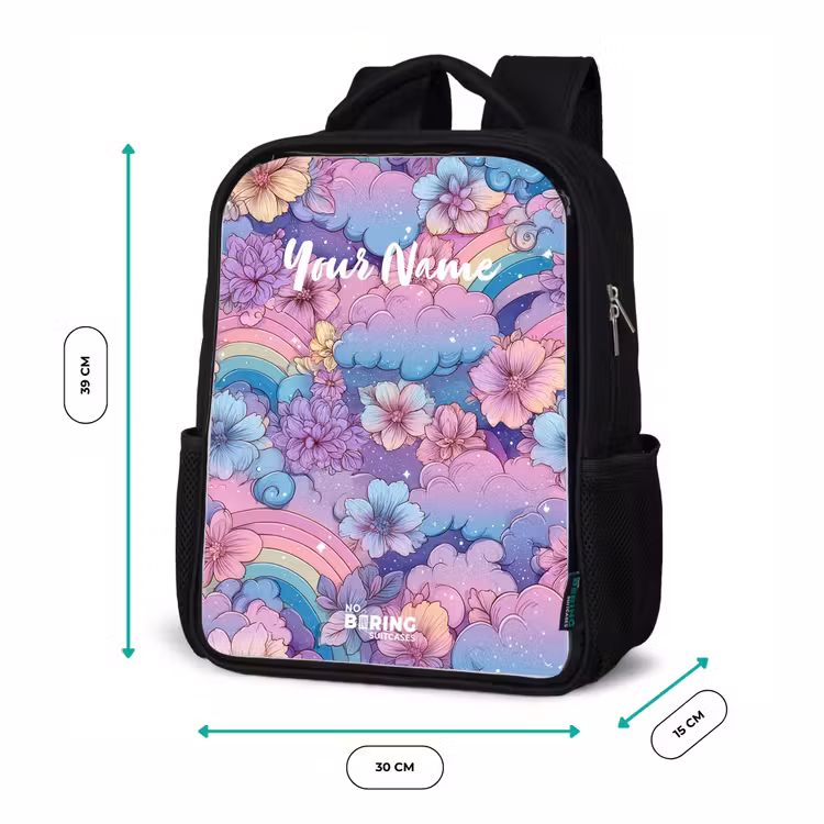 Kids backpack - Black - Illustration of clouds, rainbows and flowers — 8