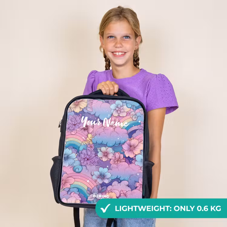 Kids backpack - Black - Illustration of clouds, rainbows and flowers — 9