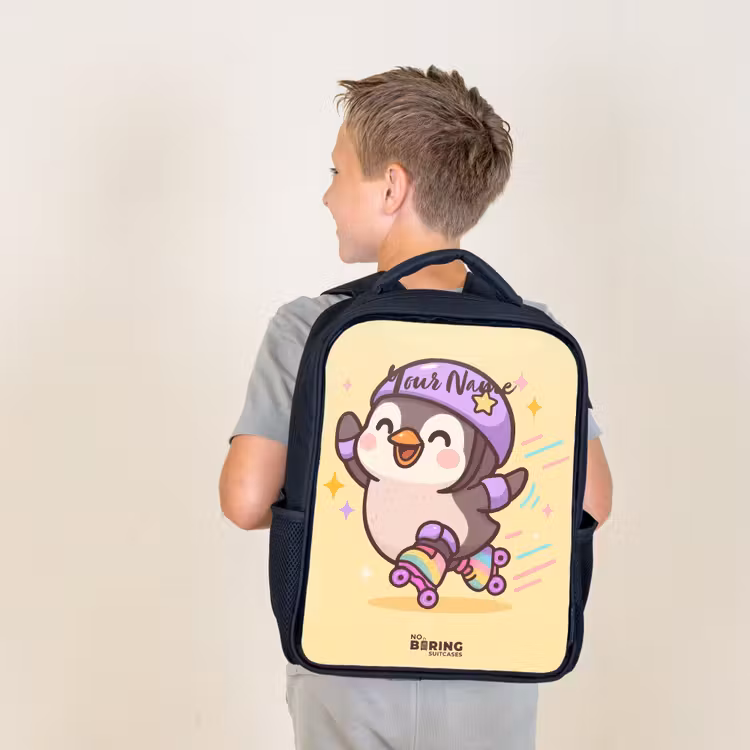 Kids backpack - Black - Kawai - Penguin - Roller skates — 2