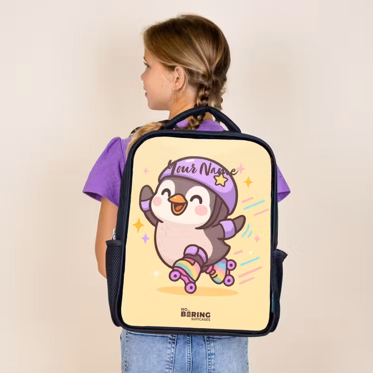 Kids backpack - Black - Kawai - Penguin - Roller skates — 4