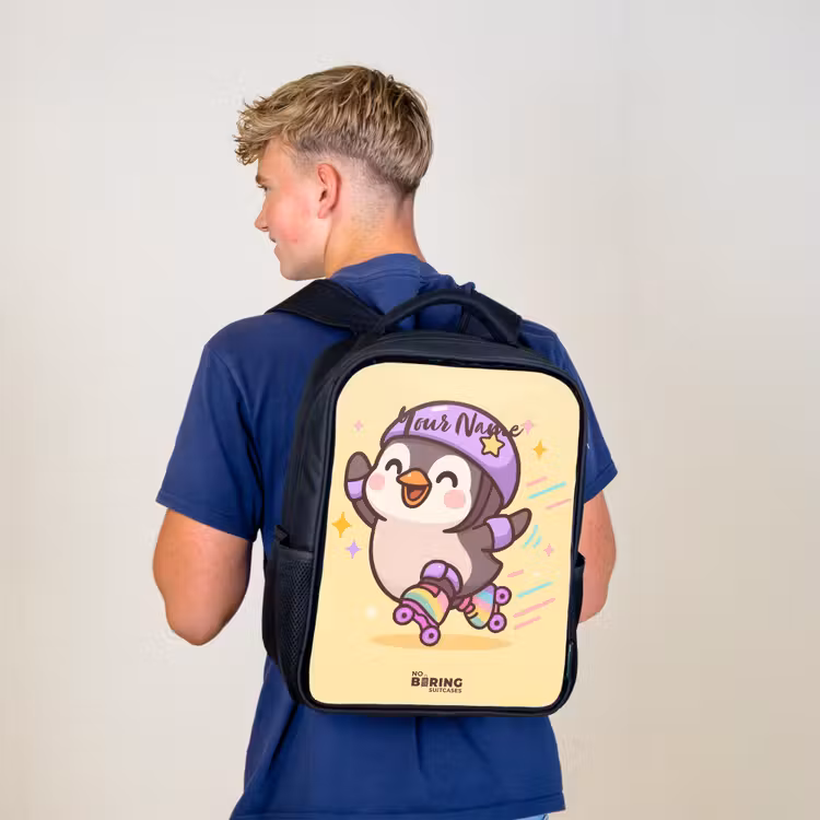 Kids backpack - Black - Kawai - Penguin - Roller skates — 5
