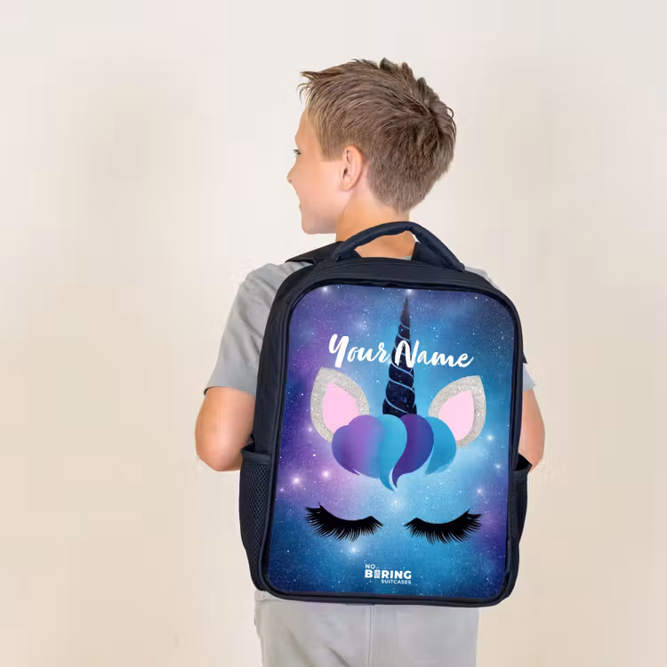 Kids backpack - Black - Unicorn on a starry sky background — 2