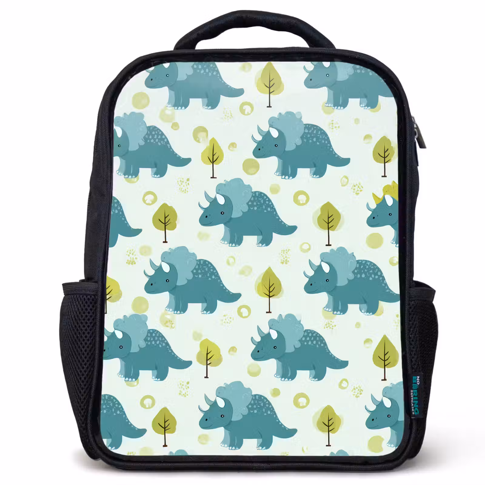 Kids backpack - Black - Triceratop - Blue - Dots - Trees — 1