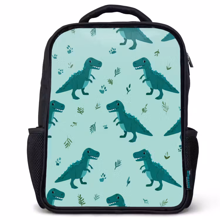 Kids backpack - Black - Dark green - Dinosaurs - Prints - Leaves — 1