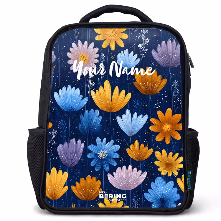 Kids backpack - Black - Flowers on a dark blue background — 1