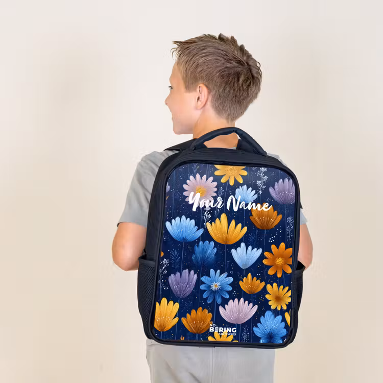 Kids backpack - Black - Flowers on a dark blue background — 2