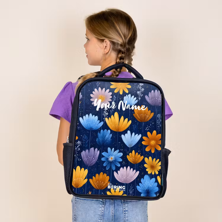 Kids backpack - Black - Flowers on a dark blue background — 4