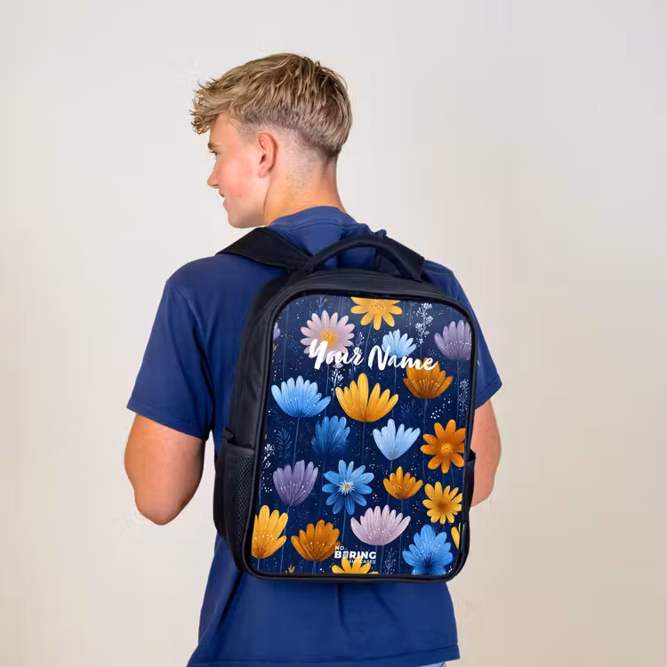Kids backpack - Black - Flowers on a dark blue background — 5