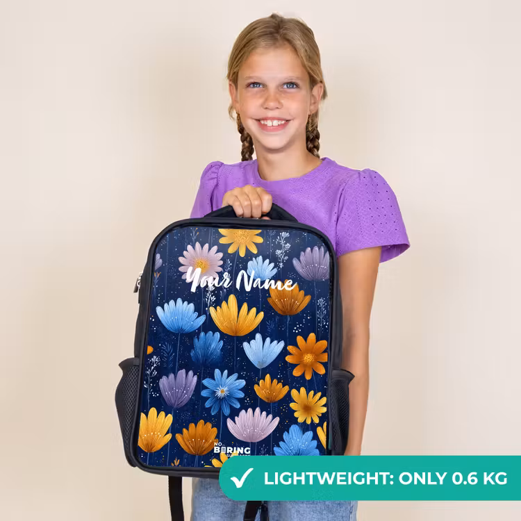 Kids backpack - Black - Flowers on a dark blue background — 9