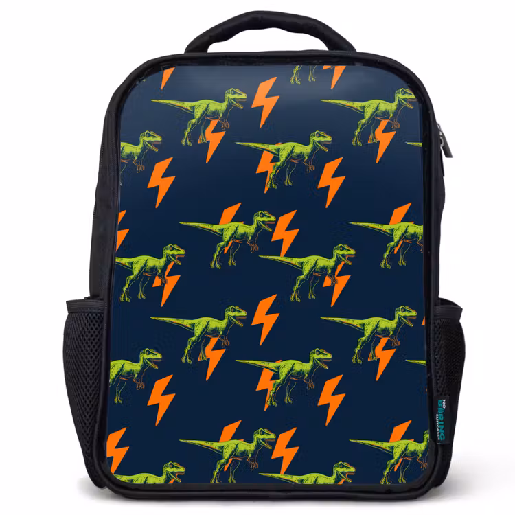Kids backpack - Black - Lightning Bolts - Orange - Dinosaurs — 1