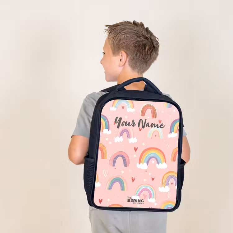 Kids backpack - Black - Rainbows on a pink background — 2